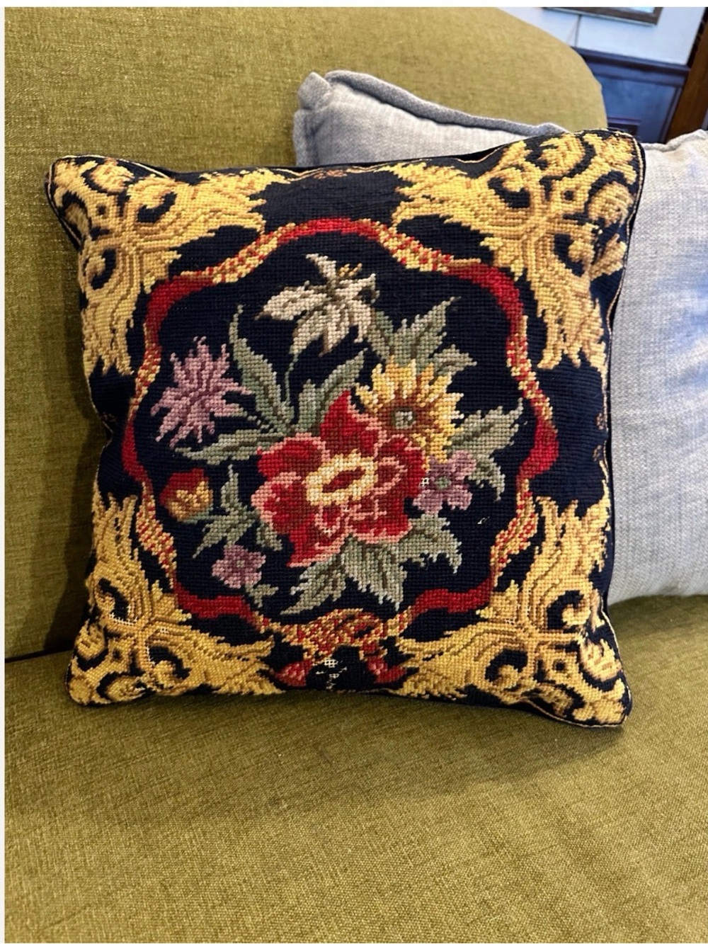 Vintage Floral Needlepoint Decorative Pillow - Navy, Red & Gold